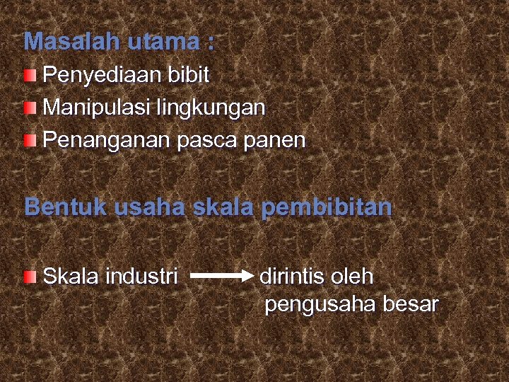 Masalah utama : Penyediaan bibit Manipulasi lingkungan Penanganan pasca panen Bentuk usaha skala pembibitan