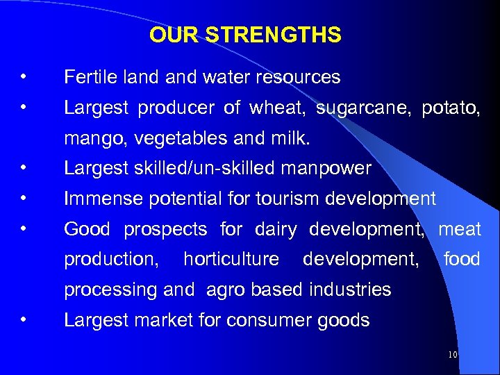OUR STRENGTHS • Fertile land water resources • Largest producer of wheat, sugarcane, potato,