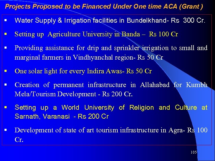Projects Proposed to be Financed Under One time ACA (Grant ) § Water Supply