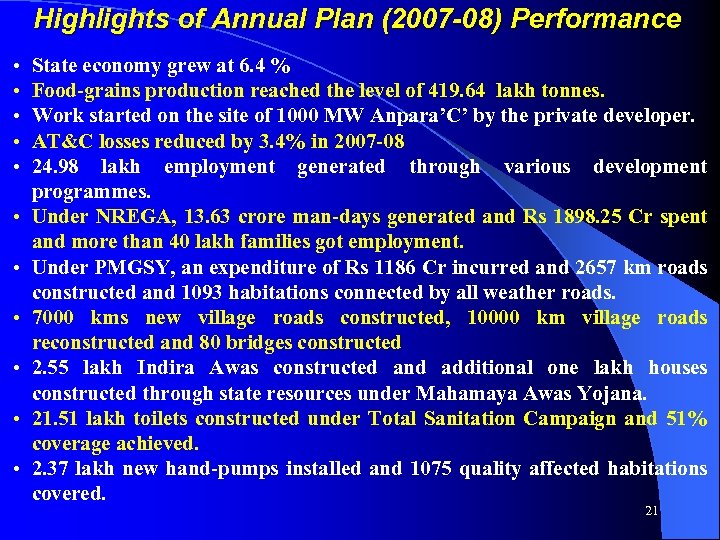 Highlights of Annual Plan (2007 -08) Performance • • • State economy grew at