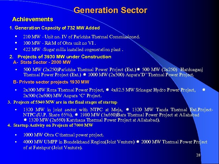 Generation Sector Achievements 1. Generation Capacity of 732 MW Added § 210 MW -