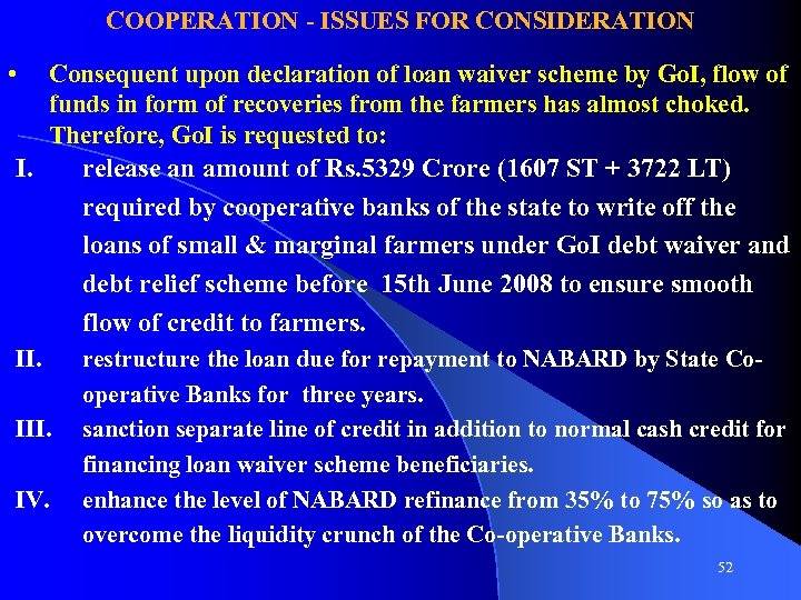 COOPERATION - ISSUES FOR CONSIDERATION • Consequent upon declaration of loan waiver scheme by
