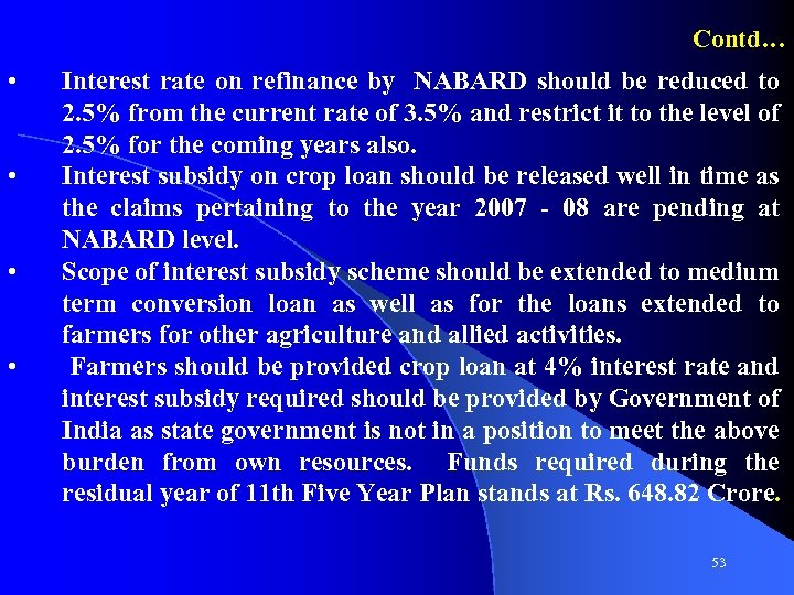 Contd… • • Interest rate on refinance by NABARD should be reduced to 2.