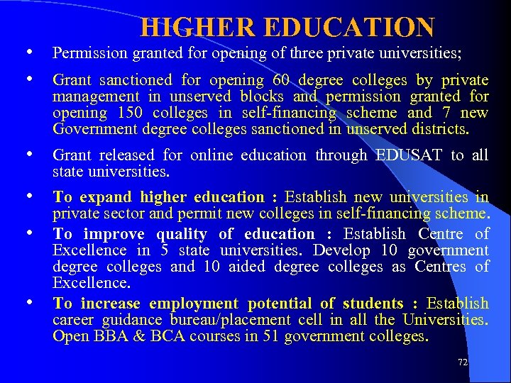 HIGHER EDUCATION • Permission granted for opening of three private universities; • Grant sanctioned