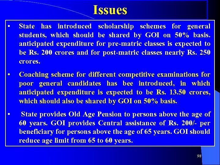 Issues • State has introduced scholarship schemes for general students, which should be shared