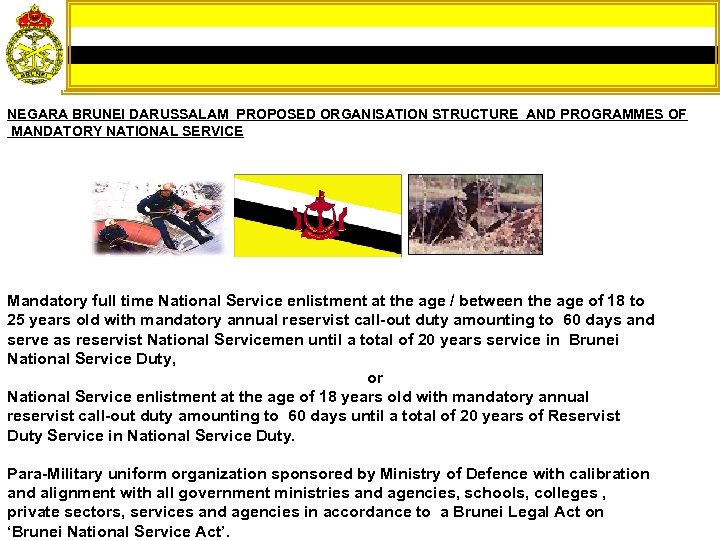 NEGARA BRUNEI DARUSSALAM PROPOSED ORGANISATION STRUCTURE AND PROGRAMMES OF MANDATORY NATIONAL SERVICE Mandatory full