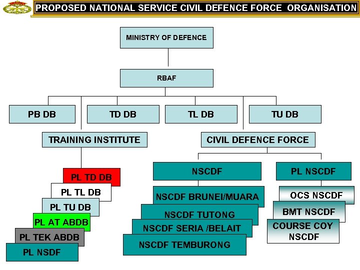 PROPOSED NATIONAL SERVICE CIVIL DEFENCE FORCE ORGANISATION MINISTRY OF DEFENCE RBAF PB DB TD