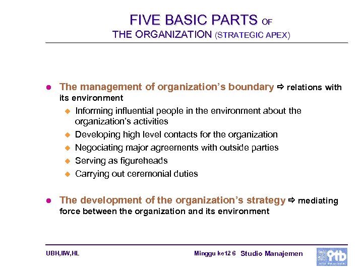 FIVE BASIC PARTS OF THE ORGANIZATION (STRATEGIC APEX) l The management of organization’s boundary