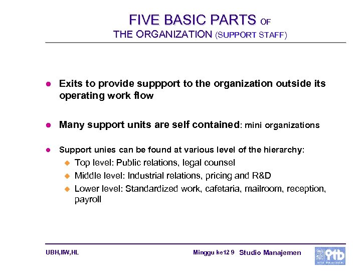 FIVE BASIC PARTS OF THE ORGANIZATION (SUPPORT STAFF) l Exits to provide suppport to