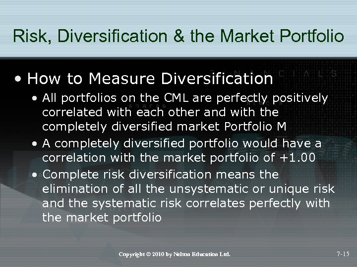Risk, Diversification & the Market Portfolio • How to Measure Diversification • All portfolios