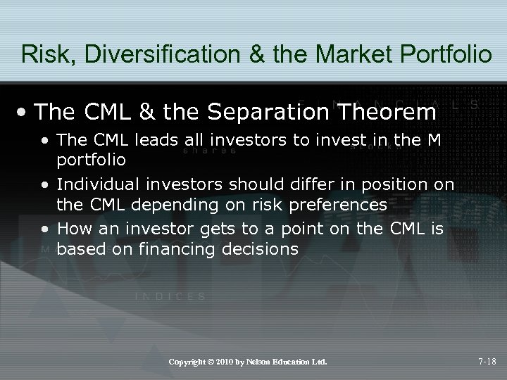 Risk, Diversification & the Market Portfolio • The CML & the Separation Theorem •