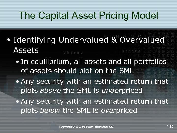 The Capital Asset Pricing Model • Identifying Undervalued & Overvalued Assets • In equilibrium,