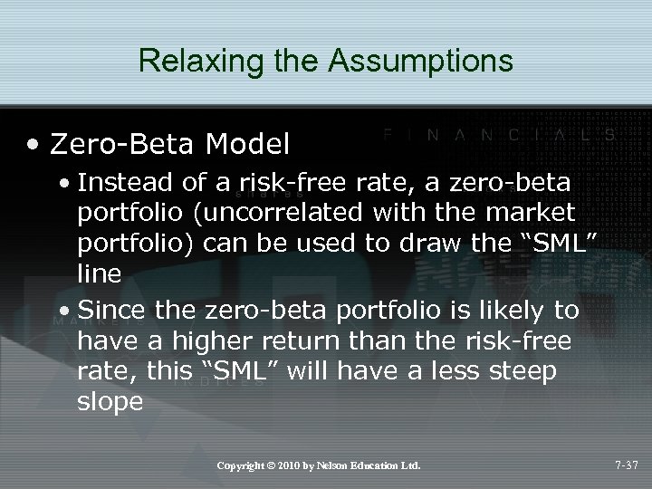 Relaxing the Assumptions • Zero-Beta Model • Instead of a risk-free rate, a zero-beta