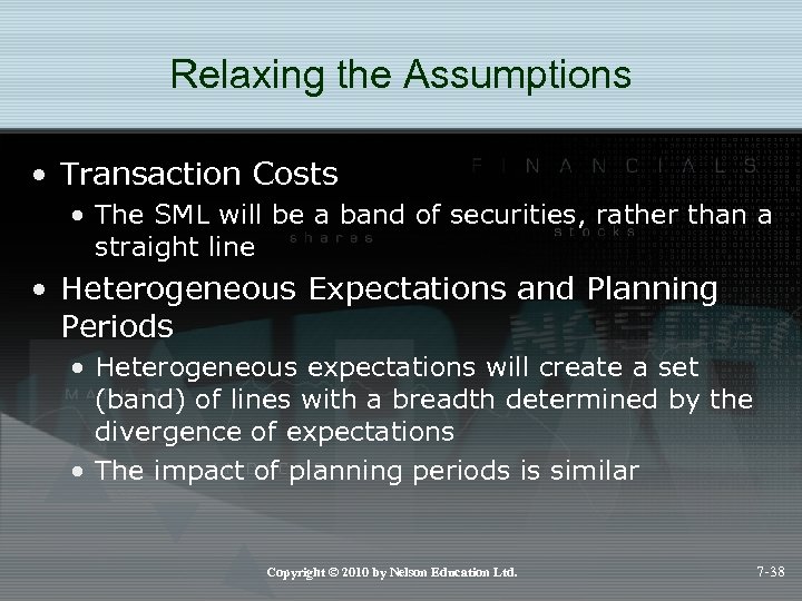 Relaxing the Assumptions • Transaction Costs • The SML will be a band of
