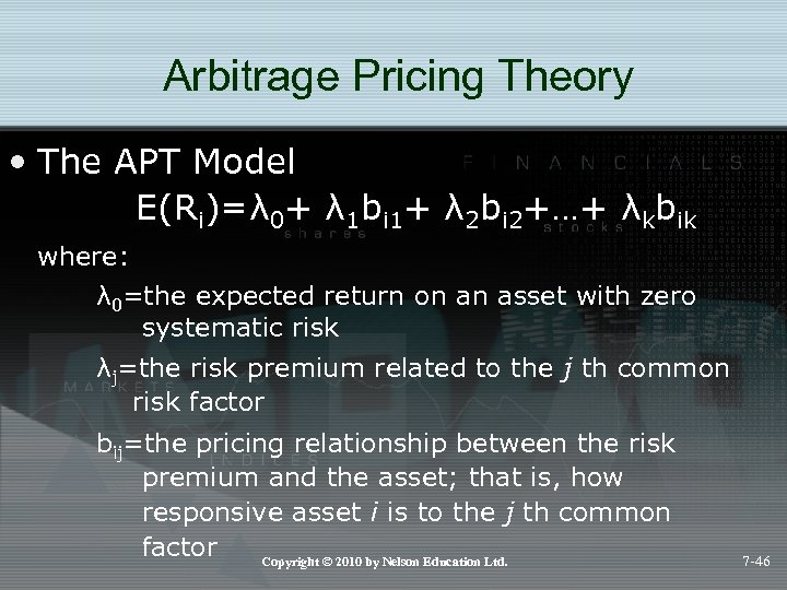Arbitrage Pricing Theory • The APT Model E(Ri)=λ 0+ λ 1 bi 1+ λ