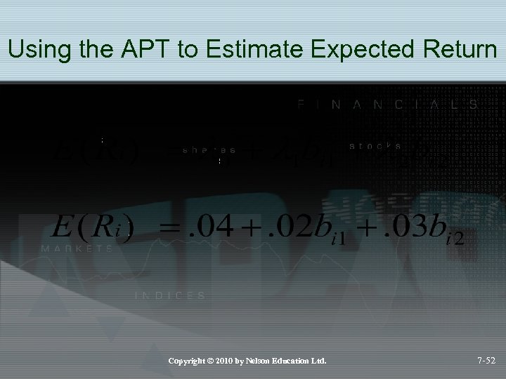 Using the APT to Estimate Expected Return Copyright © 2010 by Nelson Education Ltd.