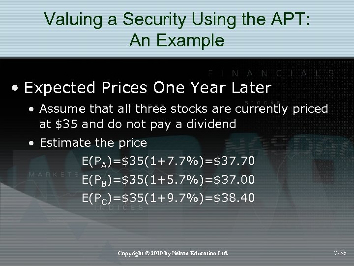 Valuing a Security Using the APT: An Example • Expected Prices One Year Later