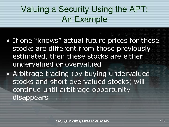 Valuing a Security Using the APT: An Example • If one “knows” actual future