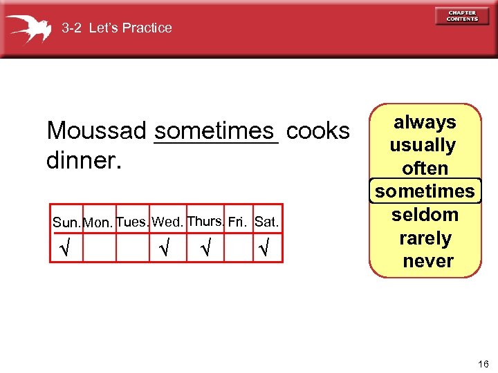 3 -2 Let’s Practice Moussad _____ cooks sometimes dinner. Sun. Mon. Tues. Wed. Thurs.