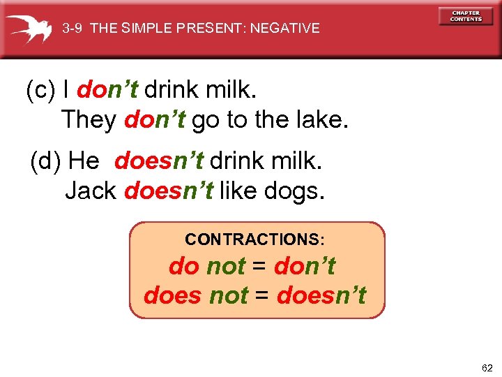3 -9 THE SIMPLE PRESENT: NEGATIVE (c) I don’t drink milk. They don’t go