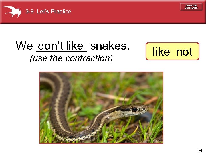 3 -9 Let’s Practice We ____ snakes. don’t like (use the contraction) like not