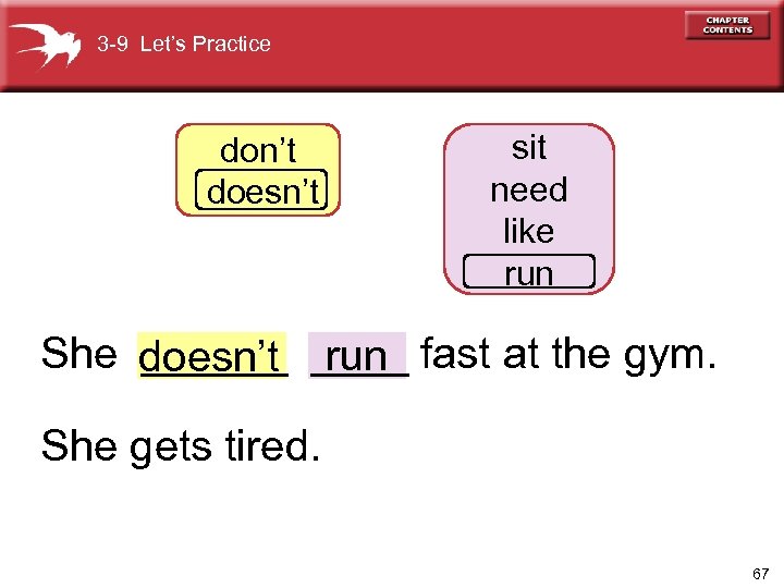 3 -9 Let’s Practice don’t doesn’t sit need like run She doesn’t ____ fast