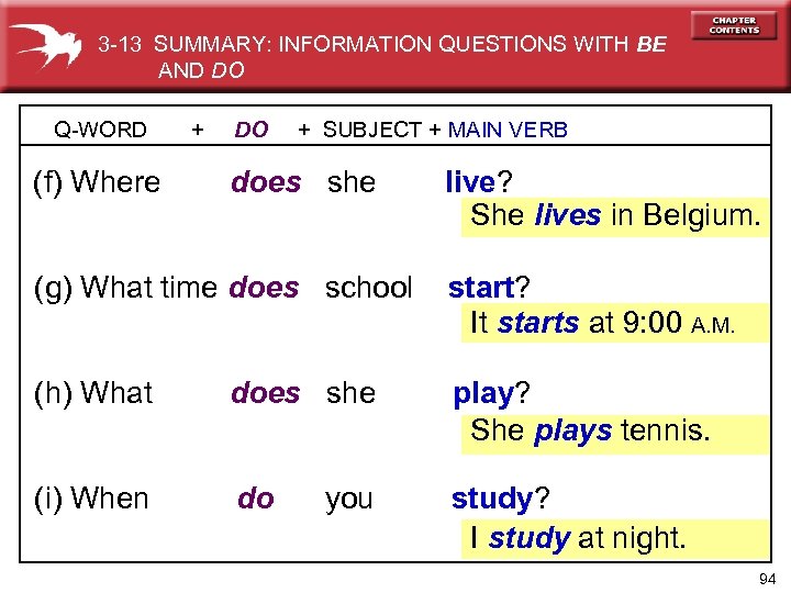 3 -13 SUMMARY: INFORMATION QUESTIONS WITH BE AND DO Q-WORD (f) Where + DO