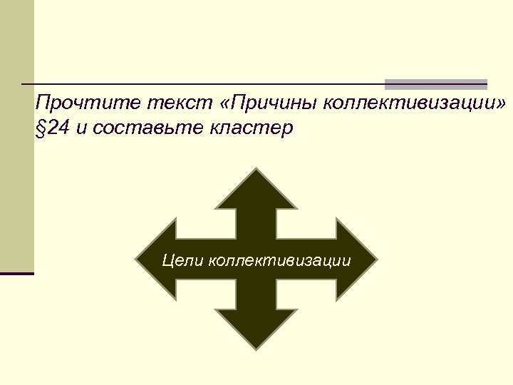 Прочтите текст «Причины коллективизации» § 24 и составьте кластер Цели коллективизации 