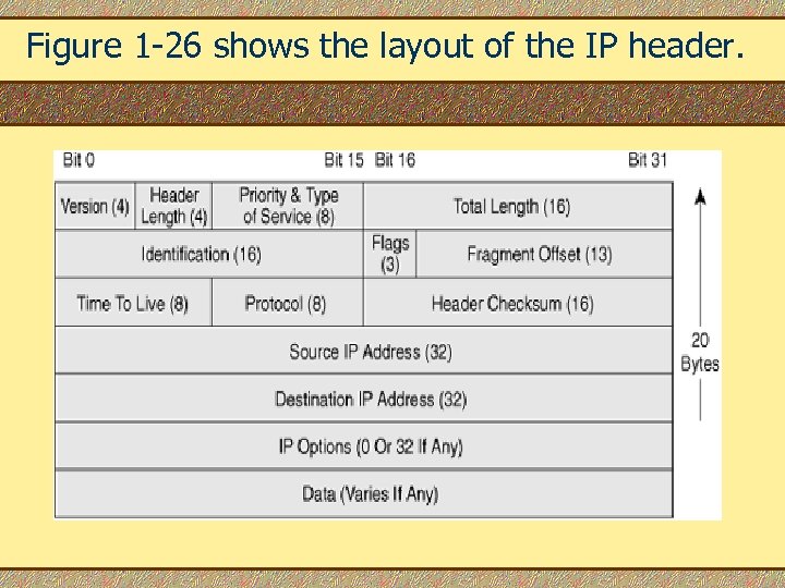 Figure 1 -26 shows the layout of the IP header. 