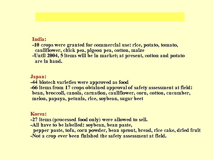 India: -10 crops were granted for commercial use: rice, potato, tomato, cauliflower, chick pea,