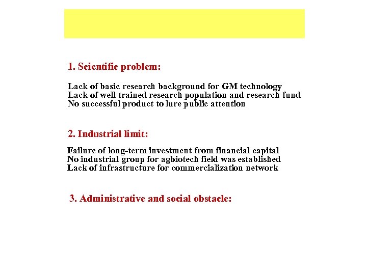 1. Scientific problem: Lack of basic research background for GM technology Lack of well