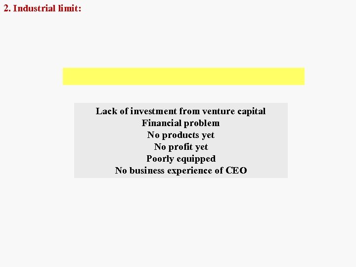 2. Industrial limit: Lack of investment from venture capital Financial problem No products yet