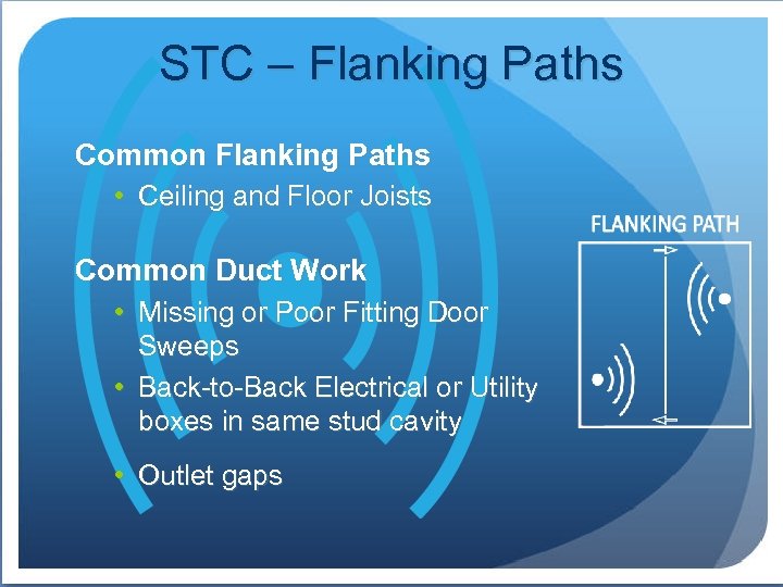 STC – Flanking Paths Common Flanking Paths • Ceiling and Floor Joists Common Duct