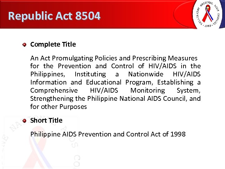 Republic Act 8504 Complete Title An Act Promulgating Policies and Prescribing Measures for the