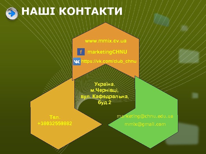 НАШІ КОНТАКТИ www. mmix. cv. ua marketing. CHNU https: //vk. com/club_chnu Україна. м. Чернівці,