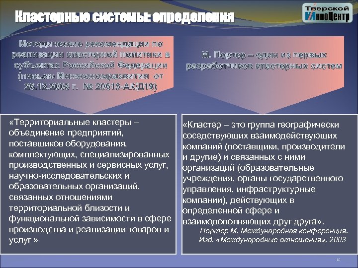Кластерные системы: определения Методические рекомендации по реализации кластерной политики в субъектах Российской Федерации (письмо