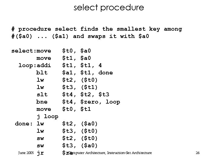 select procedure # procedure select finds the smallest key among #($a 0). . .