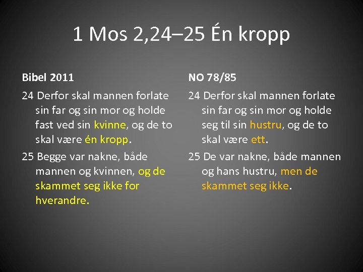 1 Mos 2, 24– 25 Én kropp Bibel 2011 NO 78/85 24 Derfor skal