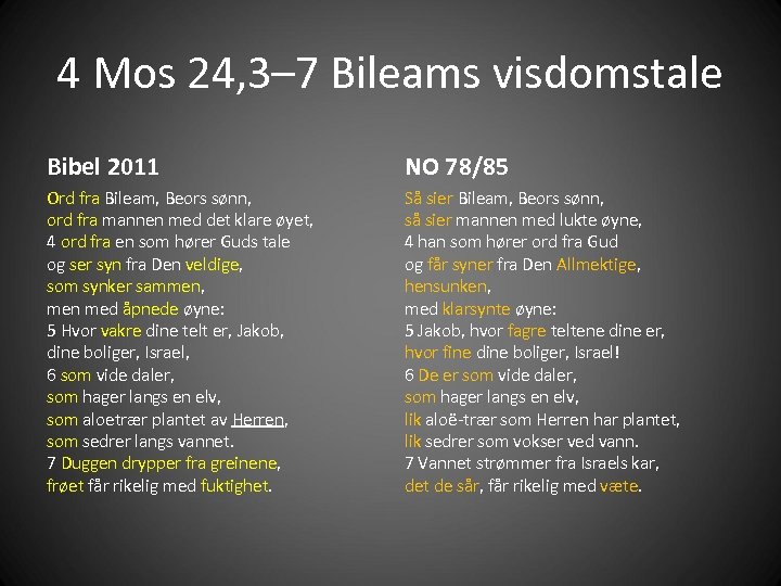 4 Mos 24, 3– 7 Bileams visdomstale Bibel 2011 NO 78/85 Ord fra Bileam,