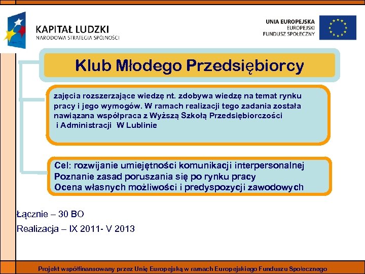 Klub Młodego Przedsiębiorcy zajęcia rozszerzające wiedzę nt. zdobywa wiedzę na temat rynku pracy i