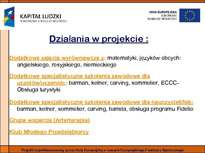 Działania w projekcie : Dodatkowe zajęcia wyrównawcze z: matematyki, języków obcych: angielskiego, rosyjskiego, niemieckiego