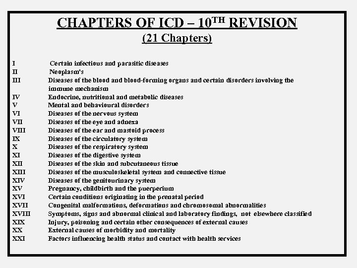 CHAPTERS OF ICD – 10 TH REVISION (21 Chapters) I II IV V VI