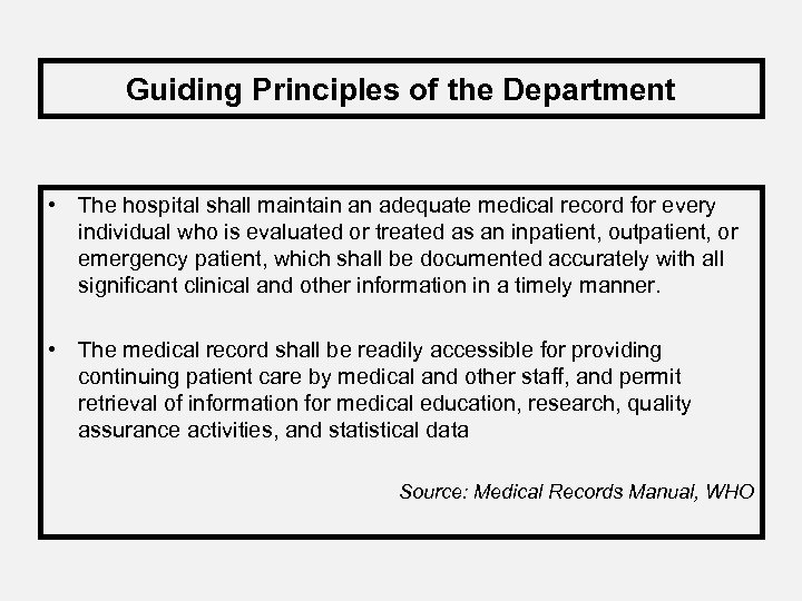 Guiding Principles of the Department • The hospital shall maintain an adequate medical record