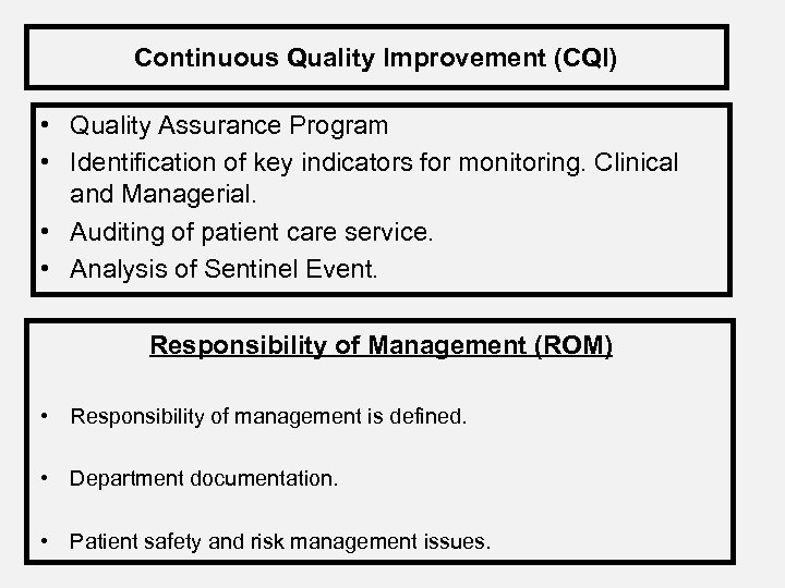 Continuous Quality Improvement (CQI) • Quality Assurance Program • Identification of key indicators for
