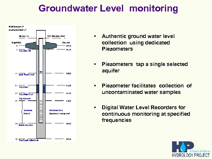 Groundwater Level monitoring • Authentic ground water level collection using dedicated Piezometers • Piezometers