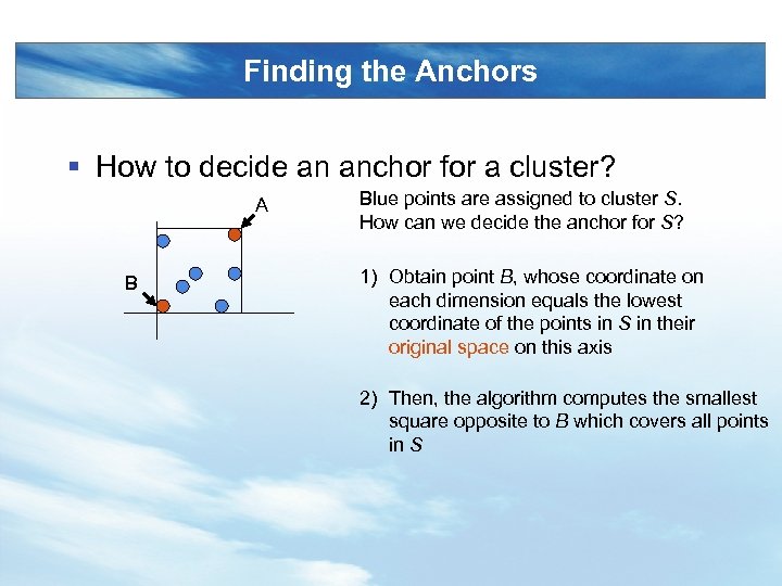 Finding the Anchors § How to decide an anchor for a cluster? A B