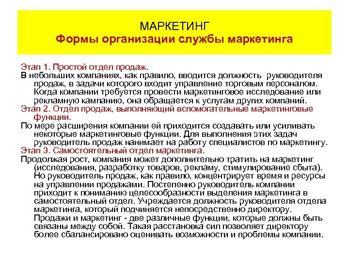 Маркетинговая стадия. Формы маркетинга.