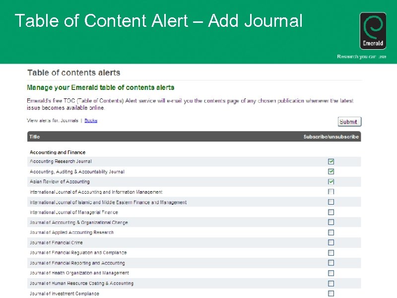 Table of Content Alert – Add Journal 