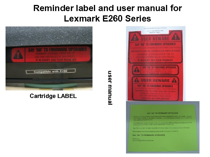 Reminder label and user manual for Lexmark E 260 Series user manual Cartridge LABEL