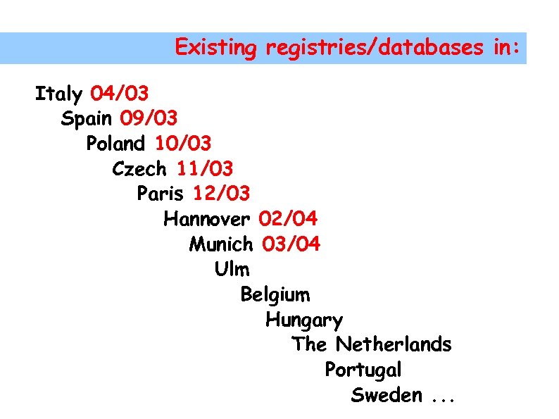 Existing registries/databases in: Italy 04/03 Spain 09/03 Poland 10/03 Czech 11/03 Paris 12/03 Hannover